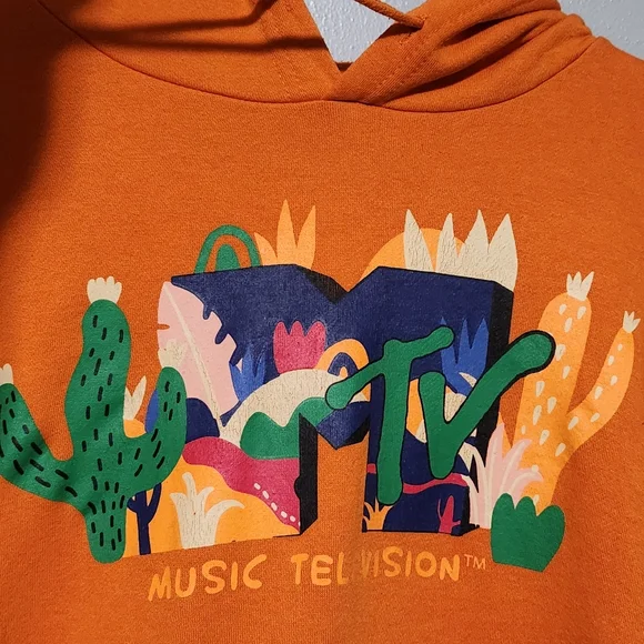 MTV Cactus Print Hoodie Unisex Small Orange Retro Graphic Pullover - Picture 3 of 13